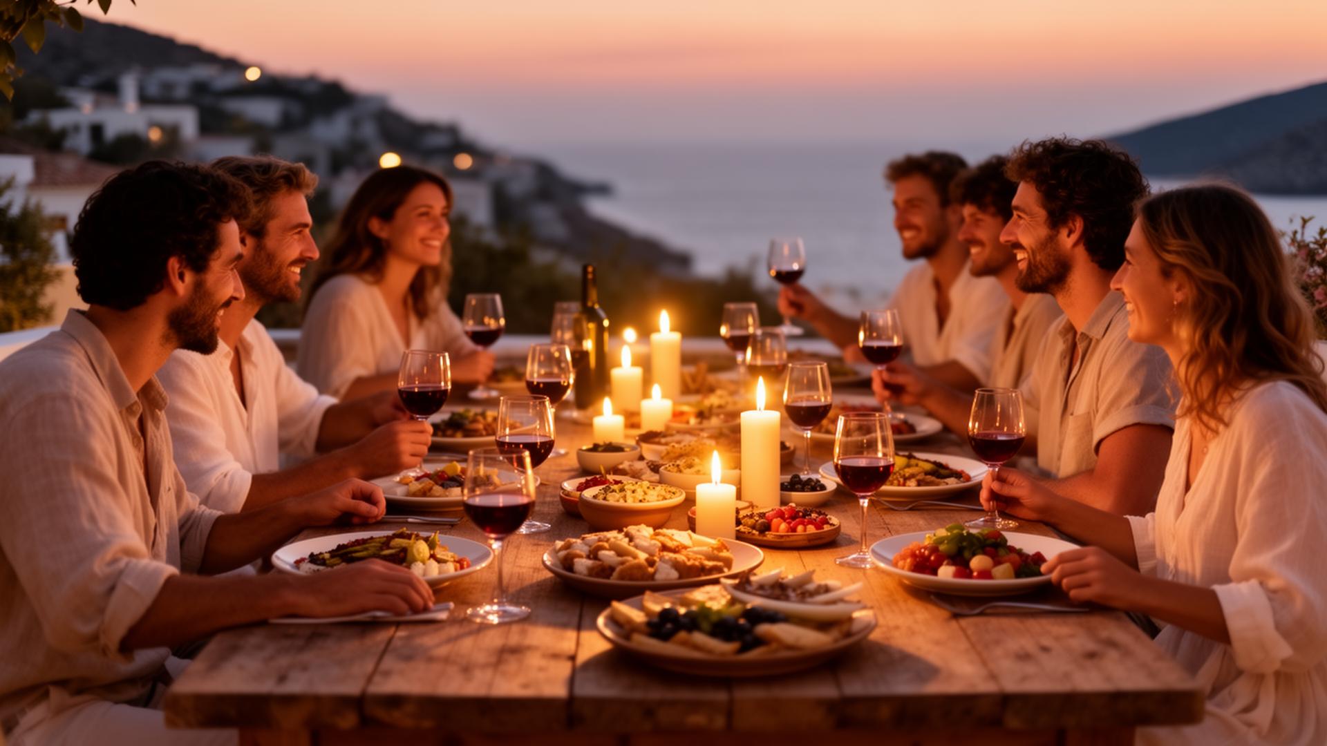 Friends gathered around a candlelit Mediterranean table