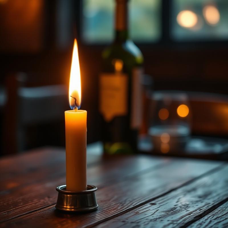 Candle on a wooden tavern table