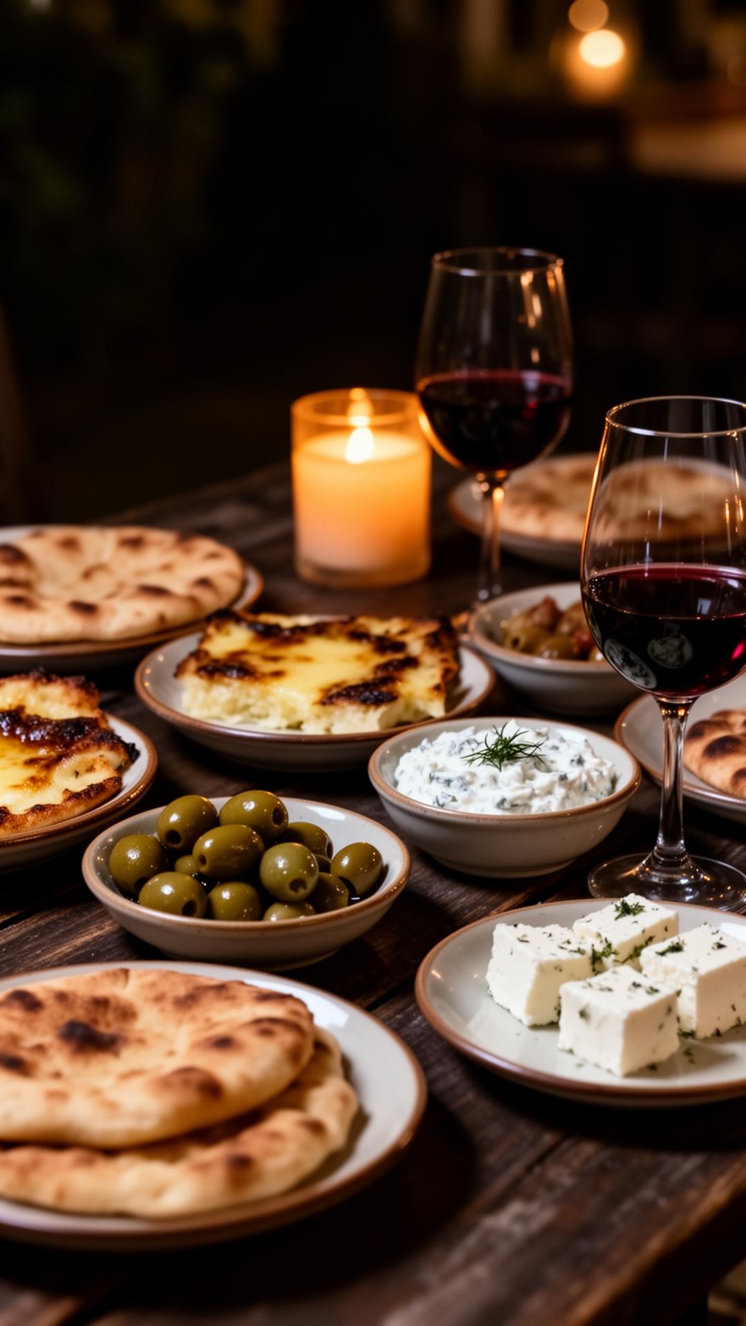 Greek meze table with wine and candlelight